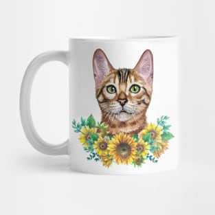 Cute Tabby Cat with Sunflowers Watercolor Art Mug